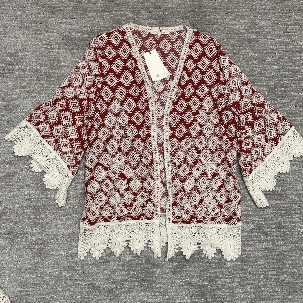 Solitaire Kimono Shorts Set Womens Large Red White Crochet Boho Festival New - Picture 9 of 16